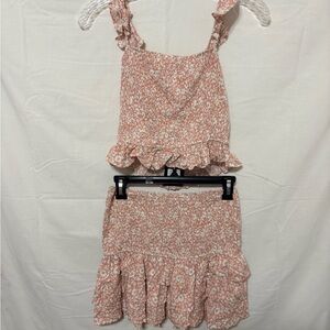 NWT Pink floral ruffle shirred crop top and skirt set.